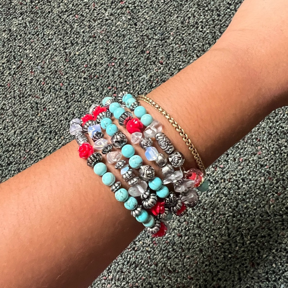Red Rose Turquoise Blue Beads Silver Charm Bracelet Southwestern Expandable Wire